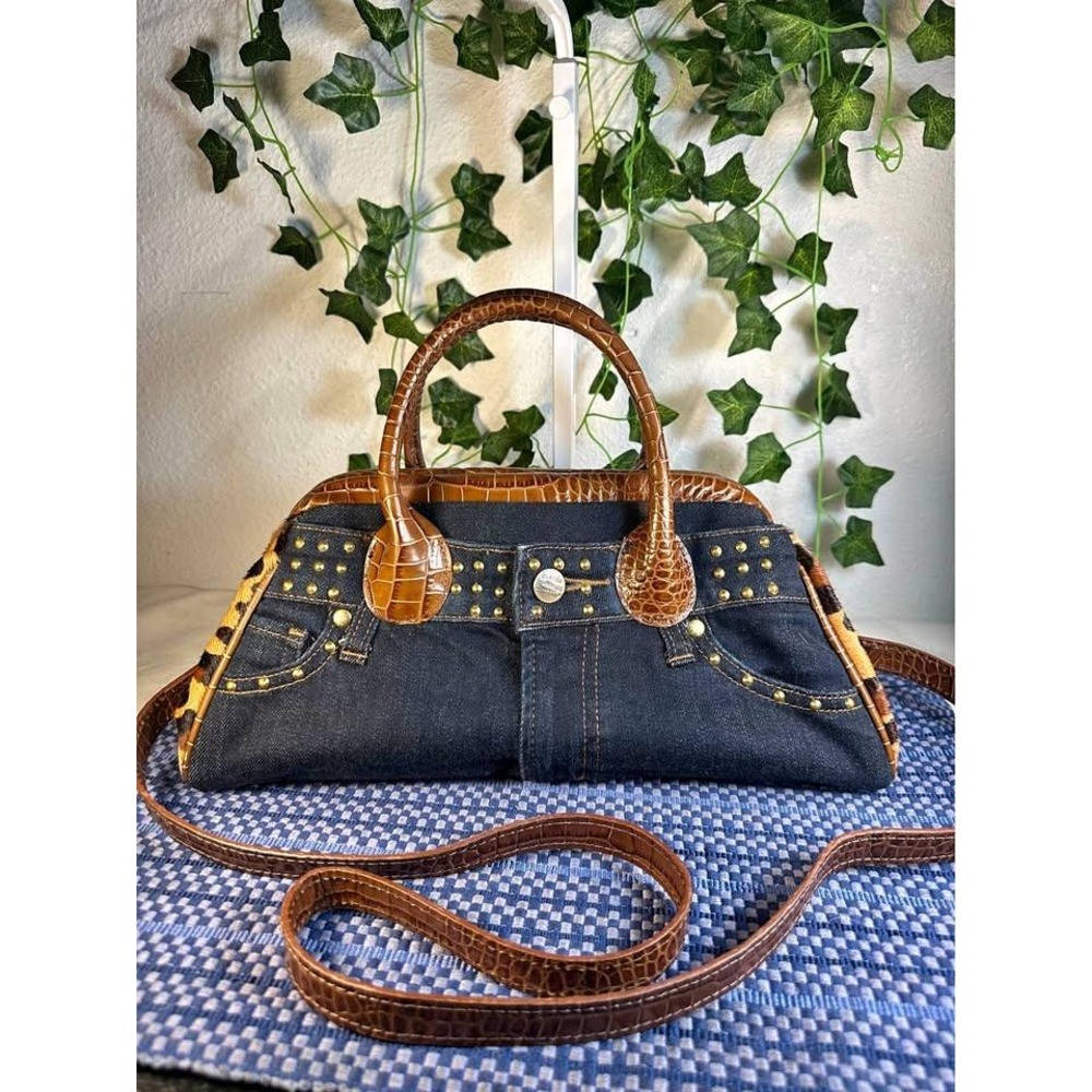 Clever Carriage Company Denim Studded Leopard-Print Cowhair Dr. Satchel